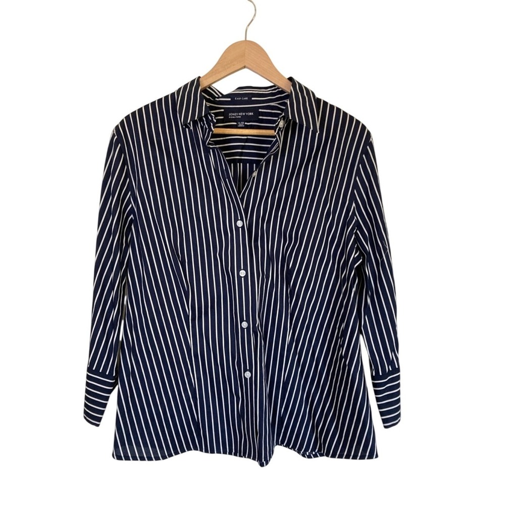 Jones New York Womens Easy‎ Care Cotton  Navy White Button Up Shirt Size XL